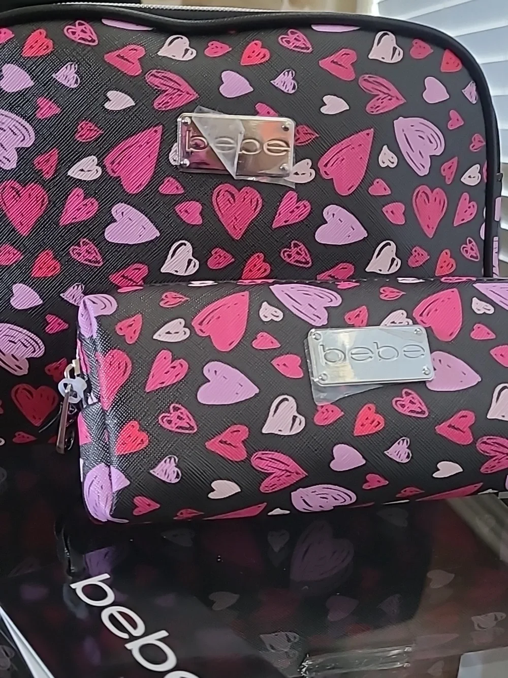 bebe Pink Heart Print Cosmetic Bag Set